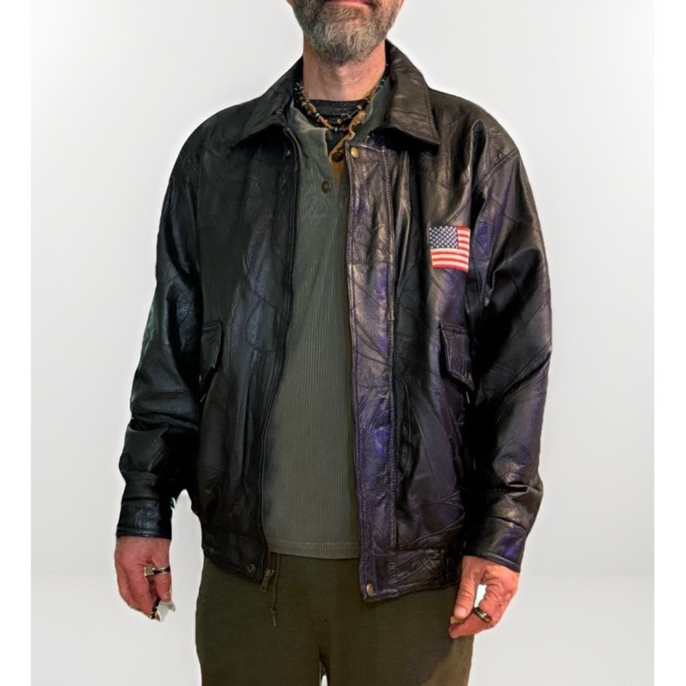 Vintage God Bless America USA Patchwork Black Leather Motorcycle Jacket Mens XL
